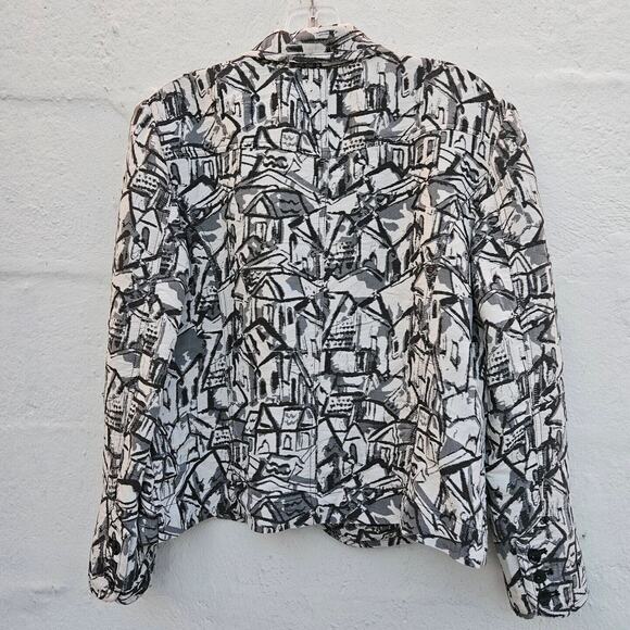 Chicos Jacket Womens 1 Black White Silk Cropped Blazer Pockets Artsy Graphic - Picture 2 of 6